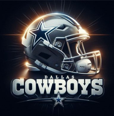 Dallas Cowboys football helmet with logo and bold text.