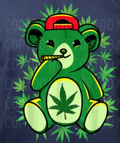 Green bear character wearing a red cap, holding a smoke, surrounded by cannabis leaves.