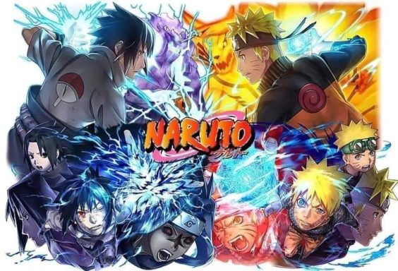 Collage of characters from Naruto, featuring vibrant backgrounds and dynamic poses.