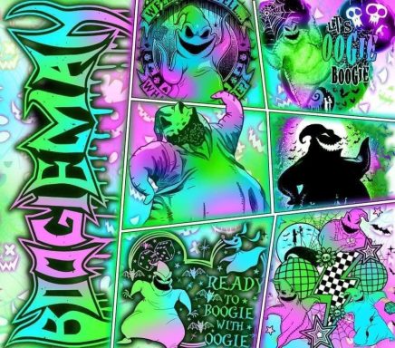 Colorful collage of spooky characters with vibrant text, featuring ghosts and playful designs.