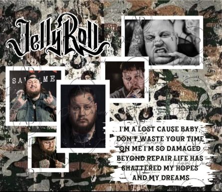 Collage featuring Jelly Roll, with quotes reflecting his struggles and determination.