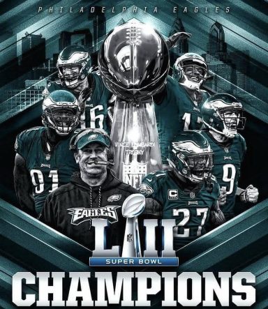 Philadelphia Eagles Super Bowl LII Champions poster featuring players and the trophy.