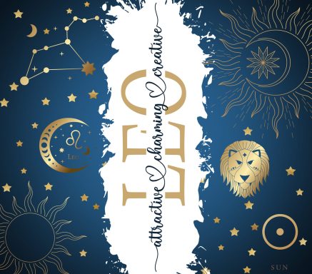 Gold and white graphic featuring the Leo zodiac sign, stars, and celestial symbols.