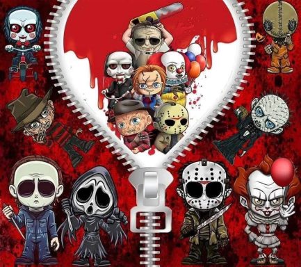 Collage of chibi horror icons including Freddy, Jason, and Pennywise on a red background.